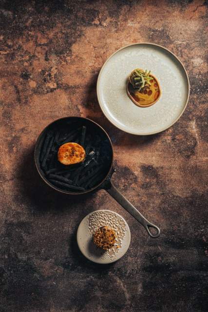 Le Chapon de Chrislaine Alazard<br />
Filet farci aux noisettes et aux herbes, subtilement fumé.<br />
Cuisse confite effilochée, pour une tendreté incomparable.<br />
Une extraction pomme-céleri-gingembre, tout en fraîcheur et équilibre.